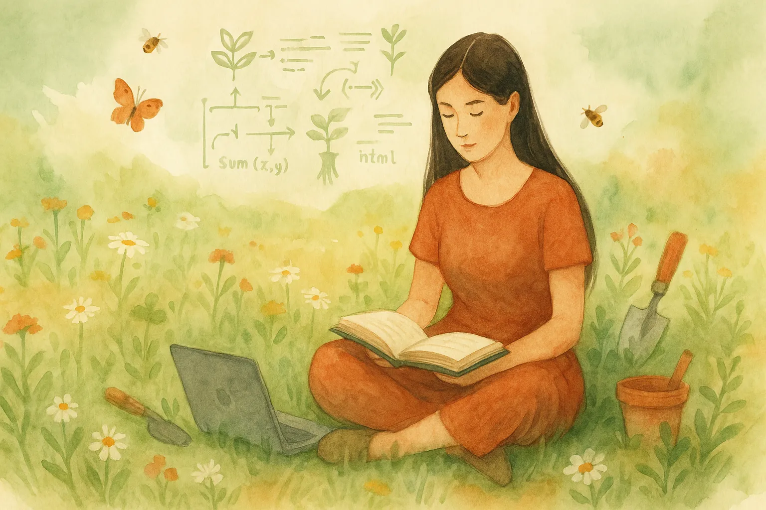 A watercolor painting shows a woman with long, straight dark hair sitting in a wildflower meadow, reading a book. She wears a warm-toned dress and is surrounded by bees, butterflies, and colorful blossoms. Above her head float abstract diagrams, gears, and snippets of code, symbolizing thought and creativity. The background blends soft, warm and cool hues in a peaceful, dreamlike atmosphere.