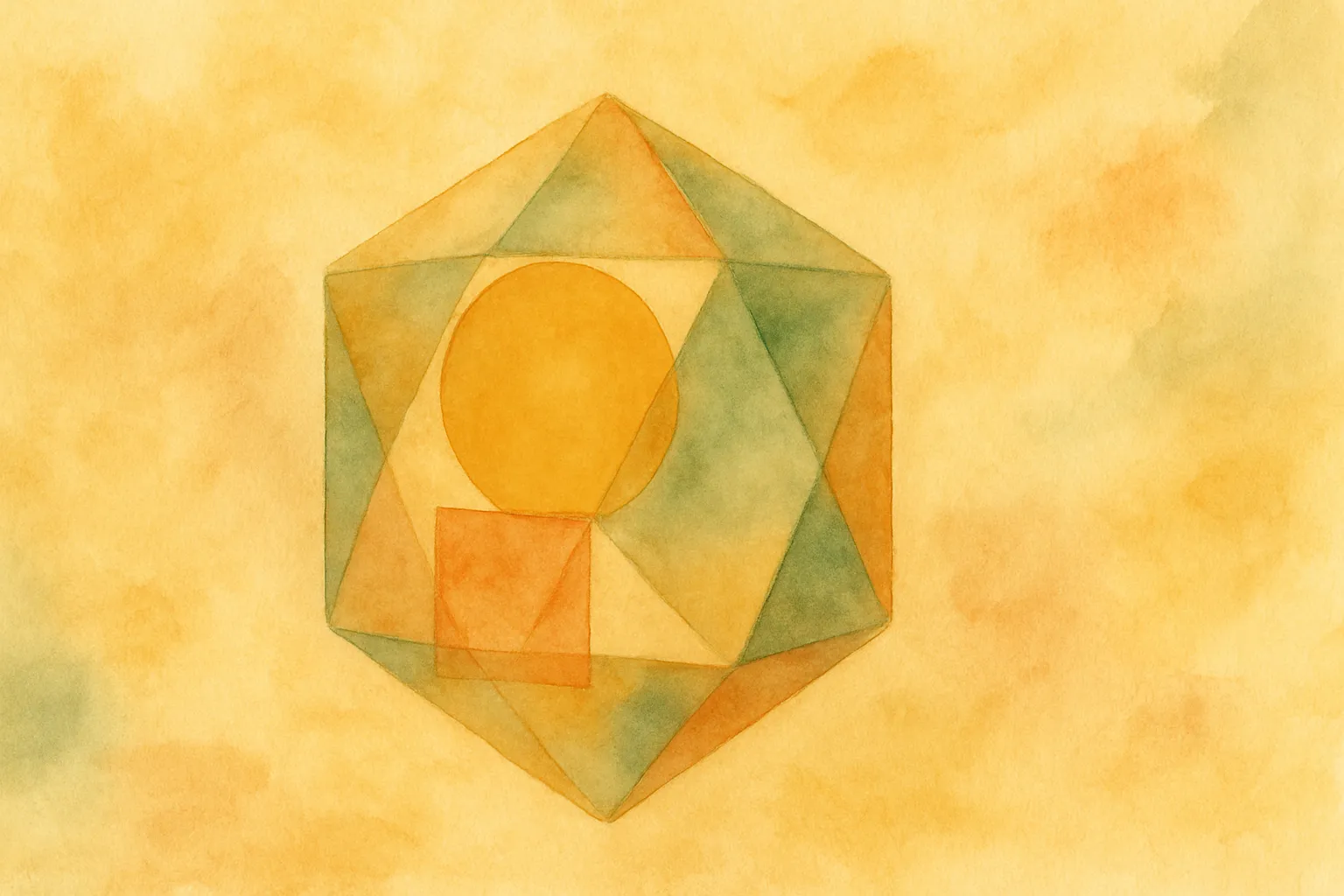 Watercolor painting of an icosahedron containing a soft yellow circle and a muted terracotta square, set against a textured, warm-toned background with gentle gradients of orange, beige, and green.