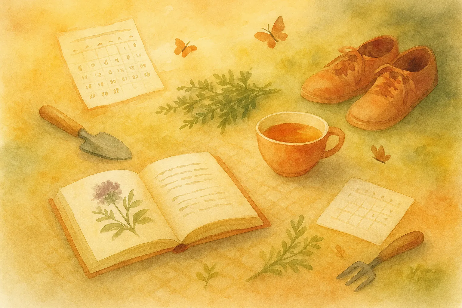A watercolor still life painting of a quiet workday scene: an open botanical book, a steaming cup of tea, gardening tools, and a worn pair of shoes rest on a soft surface. Around them lie sprigs of herbs, fluttering butterflies, and two paper calendars — all bathed in warm, golden light, evoking focus, balance, and seasonal rhythm.